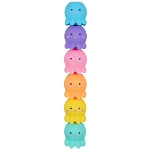 Close-up of colorful stackable octopus-shaped blocks in a vertical arrangement