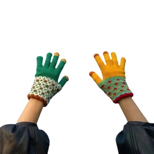 Winter touch screen knitted gloves with green and yellow vintage pattern for men and women