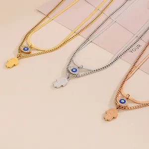 Vintage Layered Evil Eye Hamsa Hand Pendant Necklace Titanium Steel Rhinestone Double Chain Choker Jewelry Gift For Women