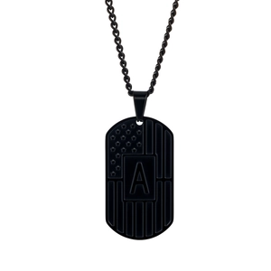 Men's black stainless steel dog tag necklace with American flag and engraved letter A