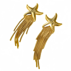 Elegant gold starfish tassel drop earrings with polished metallic finish for women