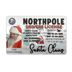 Detail shot of the North Pole Drivers License featuring Santa Claus card details