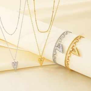 Double Layer Heart Pendant Necklace And Bracelet Set Stainless Steel 18K Gold Plated Textured 3D Love Shape Jewelry