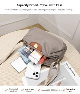 Macro shot of spacious nylon shoulder bag interior showing daily items and gold zipper