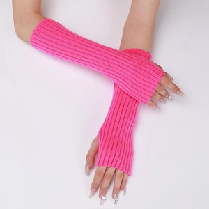 Detail of rose pink ribbed knit arm warmer showing textured fabric and thumb hole
