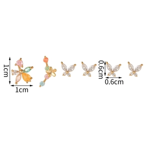 Detail view of a 6-piece gold earring set with floral and zircon butterfly designs