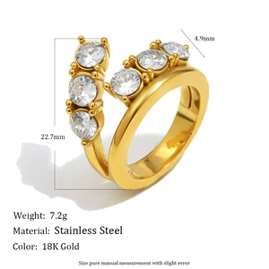 Bague luxueuse à double couche en acier inoxydable doré 18 carats avec zircons