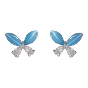 Elegant butterfly stud earrings with blue cat eye stone and cubic zirconia in silver