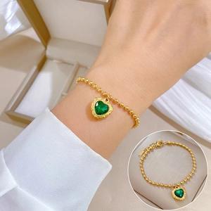 Heart Green Gemstone Bracelet Stainless Steel Gold Color Bead Chain Retro Style Jewelry Gift For Women