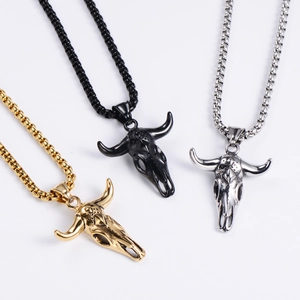 Bull skull pendant necklace in gold black and silver stainless steel with box chain