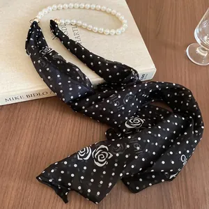 French vintage polka dot silk scarf necklace with elegant pearl chain and rose pattern