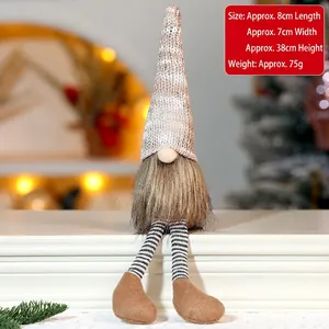 Close-up of a long-legged Christmas gnome ornament showing dimensions and knitted details