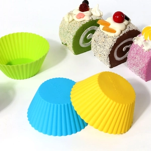Detail of colorful silicone muffin cups with wavy edges and food-grade safety symbols