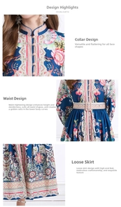 Detail of vintage palace style dress showing mandarin collar, floral print and wide waist belt