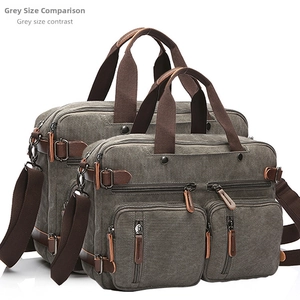 Detailed comparison of grey canvas briefcase sizes showing dual front pockets and leather trim