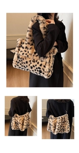 Three-view layout of a plush leopard print tote bag showing texture and styling details