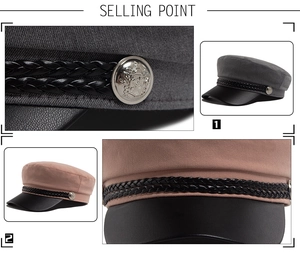 Dettaglio di cappelli da strillone con visiera in pelle e bottoni in metallo vintage