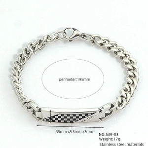 Silver stainless steel bracelet detail with Love Eternal engraved plate and checkerboard pattern