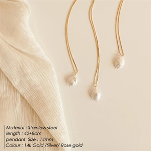 Collier en perles d'eau douce baroques et acier inoxydable doré 14k avec chaîne réglable