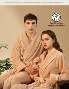 Detail view of thickened flannel bathrobe with shawl collar and white trim decoration