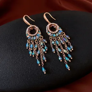 Bohemian Dangle Earrings Crystal Zircon Tassel 925 Sterling Silver Earring Post Women Retro Ethnic Jewelry