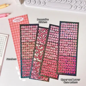 Set of 4 pink laser glitter stickers with alphabets and numbers for idol card decorating