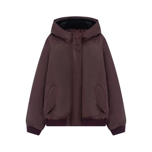 Women's oversized deep burgundy hooded bomber jacket with ribbed cuffs and hem