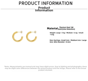 Detailed size chart for gold C-shaped hollow hoop earrings in 18K plated titanium steel