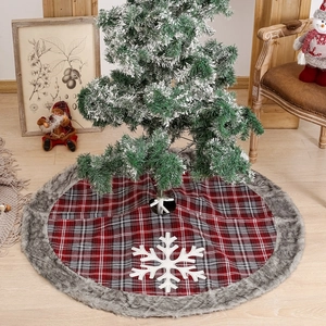 Red and grey plaid Christmas tree skirt with plush fur trim and white snowflake patches