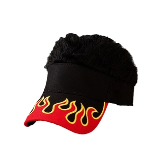 Creative novelty visor cap featuring black wig hair and flame embroidery detail