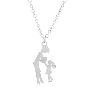 Silver stainless steel mother and daughter heart pendant necklace with link chain