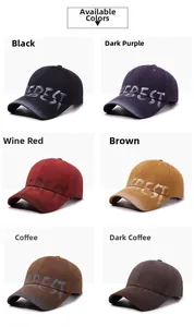Grid view of vintage washed baseball caps with BEST graffiti lettering in six colors