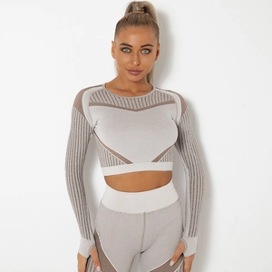 Ensemble de yoga sans couture à manches longues avec legging taille haute gris clair