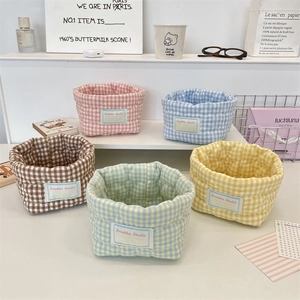 Heart Quilted Plaid Gingham Fabric Storage Basket Cotton Desktop Organizer Bin For Cosmetics Stationery Sundries Soft Ins Style