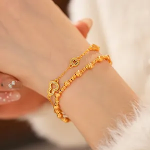 24k gold-plated gourd and copper coin charm bracelet set with frosted beads for women