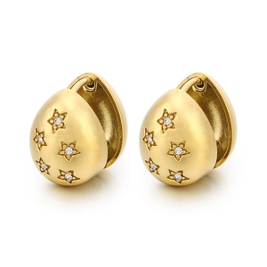 18K gold plated teardrop hoop earrings with frosted finish and pavé zircon star motifs