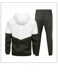 Rear view of men's two-tone windproof tracksuit with white and army green hooded jacket