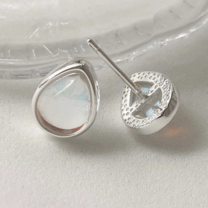 Detailed view of pear-cut AB crystal stud earrings with S925 sterling silver base