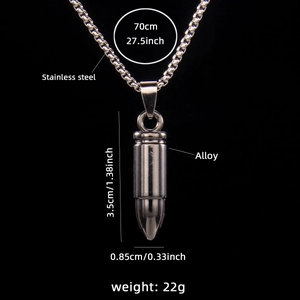 Polished stainless steel bullet pendant necklace for men with 70cm chain and alloy charm