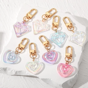 Iridescent Acrylic Heart Diamond Keychain Pendant Transparent Holographic Laser Bag Charm Gold Metal Clasp Novelty