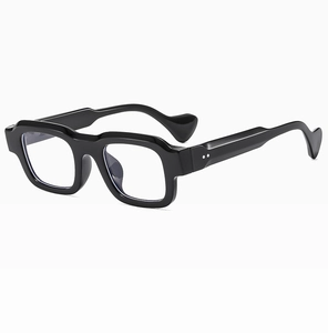 Oblique view of thick black square frames and unique wavy temple arms on fashion sunglasses