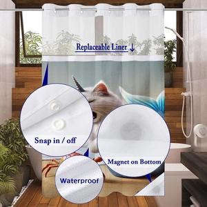 Detail of snap-in replaceable liner and magnetic weights on cat print shower curtain