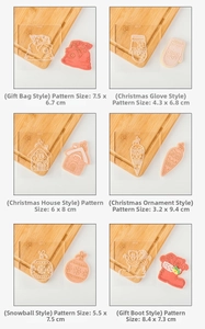Detail of Christmas fondant stamps with sizes for house, glove, and snowball molds