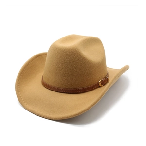 Detail of khaki cowboy hat with brown leather band and gold buckle on a white background