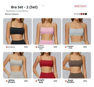 Collage of women's ribbed yoga sets in six colors featuring thin straps and square necklines