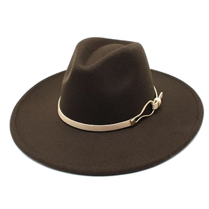 Detailed texture of deep brown wool fedora hat with beige leather band and gold buckle