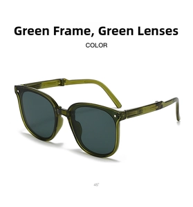 Detailed 45-degree view of foldable green sunglasses for kids with compact hinge design
