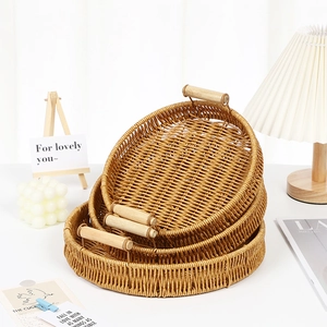 Set of 3 round woven fruit baskets with wooden handles for rustic home storage