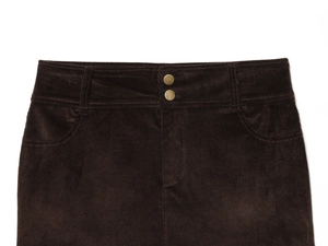 Detail of dark brown corduroy mini skirt waist with dual metal buttons and pockets