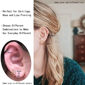 Detail view of 6mm and 8mm stainless steel hoop earrings for ear, nose and lip piercings